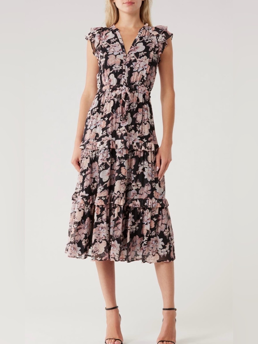 429$PAIGE Rozlyn 100% Silk Floral Tiered Midi Dress Black Pink Size 2